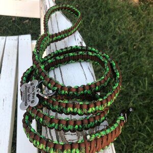 Dog Leash ~ 5' Dark Brown & Green Paracord w/ Two Handles New Handmade in USA